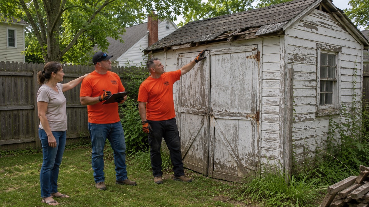 All Island crew walking the shed with homeowner before demolition on Long Island