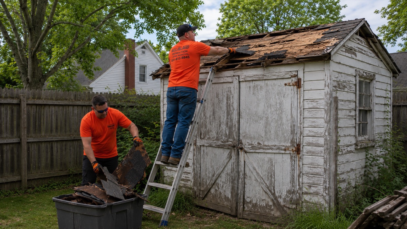Crew stripping shingles and sheathing from shed roof