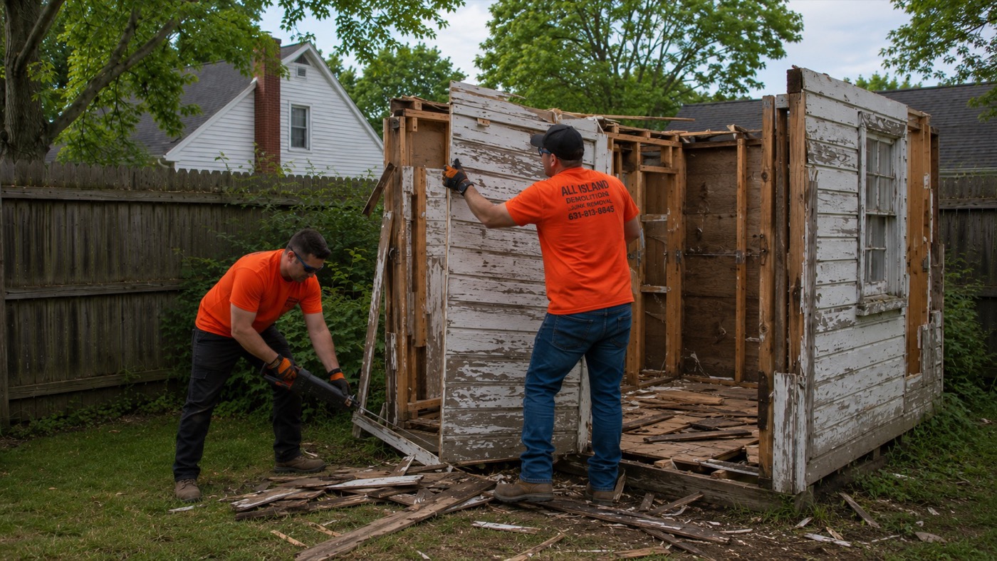 Crew dropping shed walls in sections during demolition