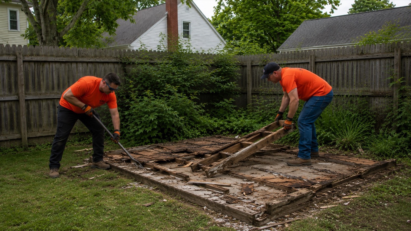 Crew removing shed floor framing and base after walls are down