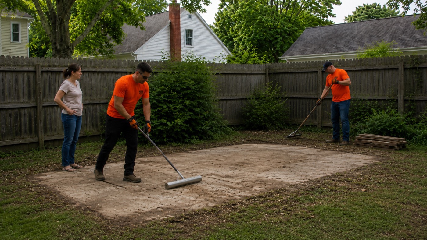 Crew doing final magnet sweep and rake after shed demolition